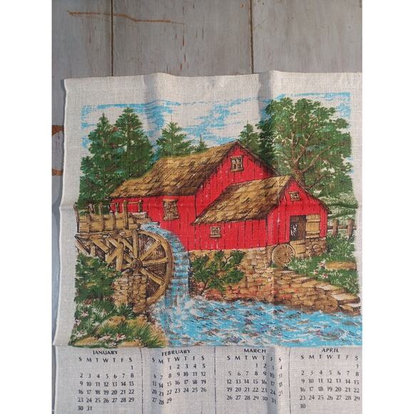 VTG 1972 Linen Hanging Calendar Kitchen Tea Towel Red Barn Old Mill Water Wheel - Picture 2 of 7